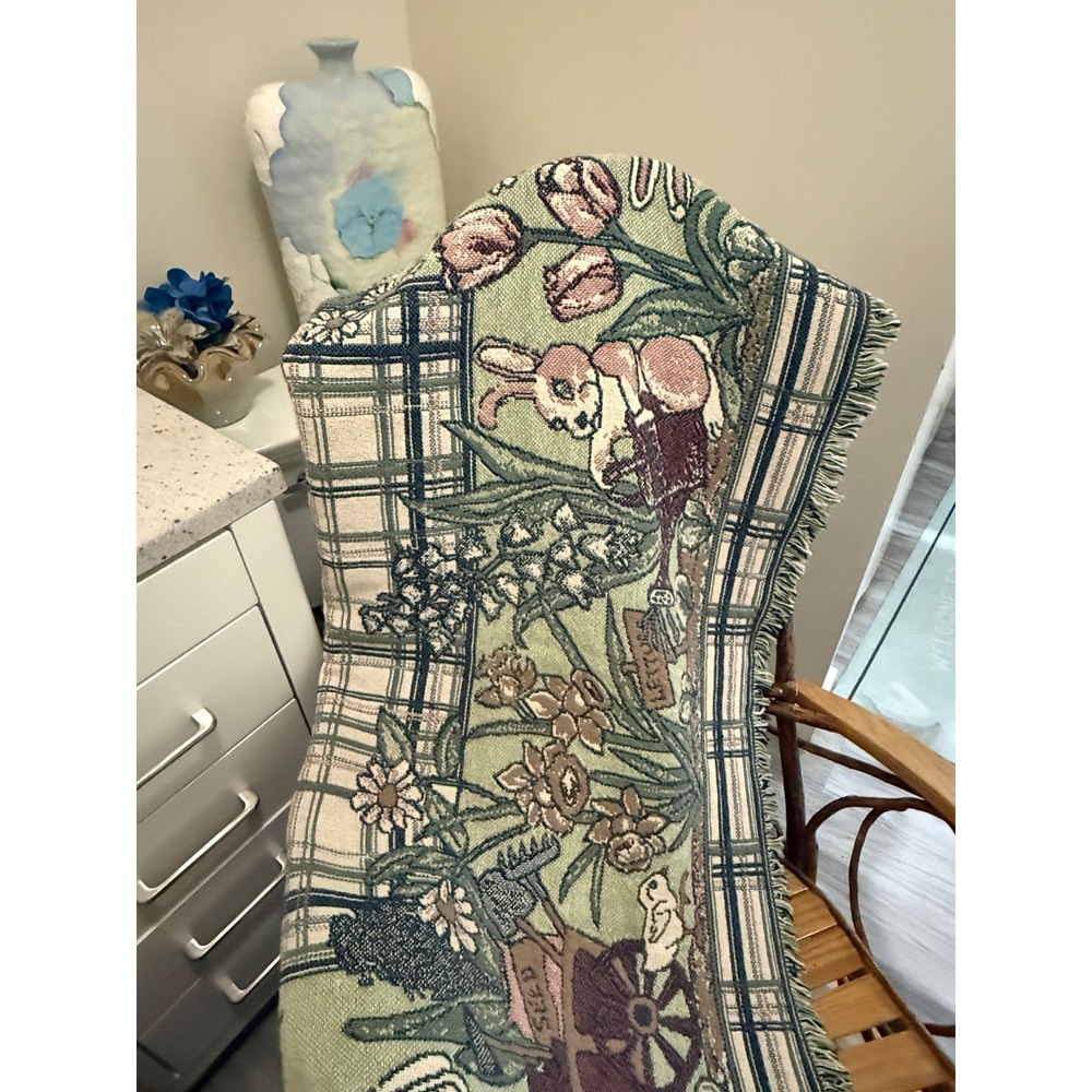 Beatrix Potter Peter Rabbit Woven Tapestry Throw‎ Blanket Garden Sage Burgundy